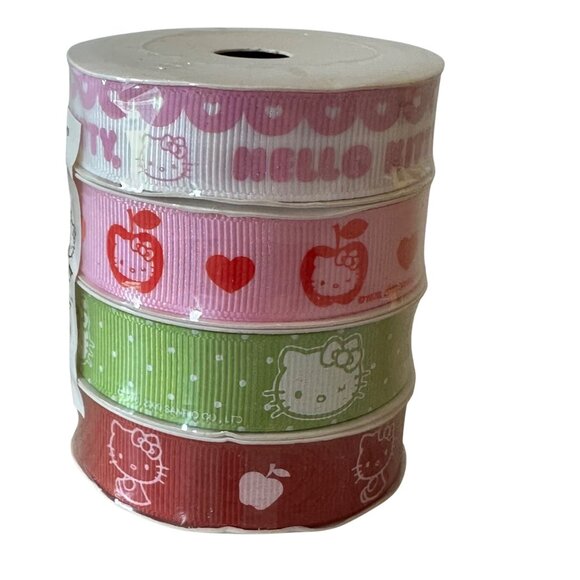 Hello Kitty Grosgrain Ribbon 4 Pack 2009 Sanrio Crafting Set Apples Bows Kawaii - Picture 1 of 8